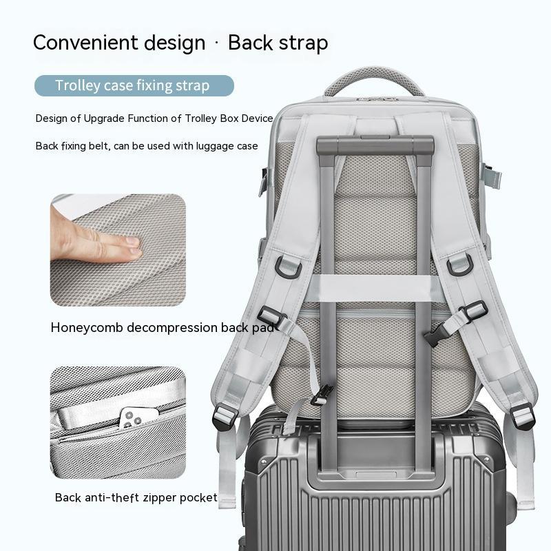 Rucksack Rückseite mit Trolley-Befestigungsband und Anti-Diebstahl-Tasche