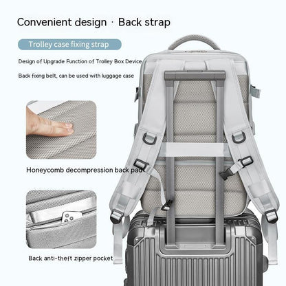 Rucksack Rückseite mit Trolley-Befestigungsband und Anti-Diebstahl-Tasche